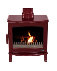 A red wood burning stove, a red enamel finish stove, eco design stove and high efficiency stove