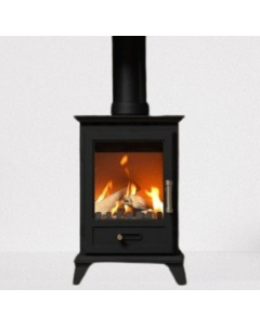 A black gas stove, a lpg gas stove, with a grey oak geocast beam, a grey fireplace chamber and a Tapestry tiled hearth