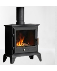 A black gas stove, a lpg gas stove, with a limestone fireplace surround, a grey fireplace chamber and a slate tiled hearth