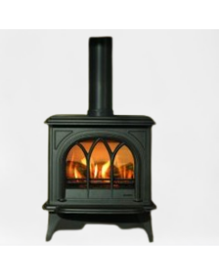 Gazco Huntingdon 30 Matt Black Gas Stove, Fuel Effect Logs, Tracery Door, Balanced Flue