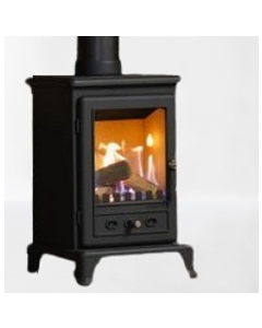 A black gas stove, a lpg gas stove, with a geocast beam, a brick fireplace chamber and a quarry tiled hearth