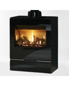 A Matt Black Mid Sized Contemporary Gas Stove, with clean lines and log effect fuel bed. High efficiency Gas Log Burner.
