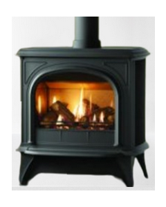 A Matt Black, contemporary style, traditional gas stove with log fuel bed. A gas stove that looks like a log burner.