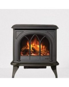 Gazco Huntingdon 30 Matt Black Electric Stove, Fuel Effect Logs, Tracery Door
