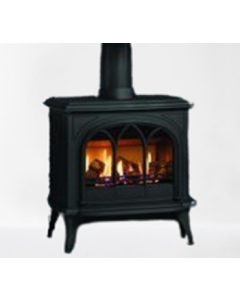 A Matt Black, gothic style, traditional gas stove with log fuel bed. A gas stove that looks like a log burner.