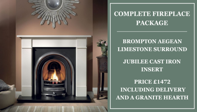 Complete Fireplace Package,Brompton Aegean Limestone Surround,Jubilee Cast Iron Insert,Price £1472 including delivery and a granite hearth 