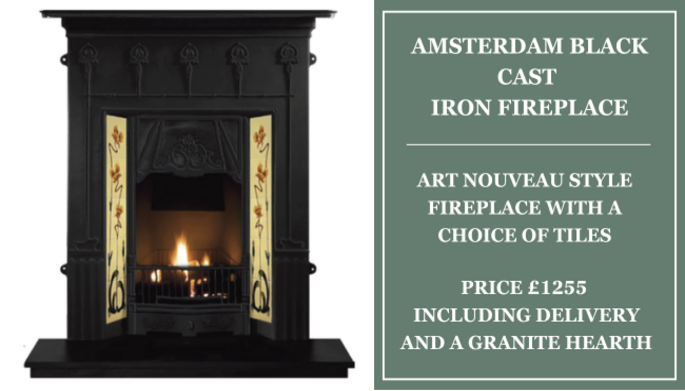 Amsterdam Black Cast Iron Fireplace,Art Nouveau style fireplace with a choice of tiles,Price £1255 including delivery and a granite hearth 